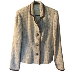 Enrico Baldini Tweed Jacket Women Blazer Size 8 Neutral Textured Open‎ Front